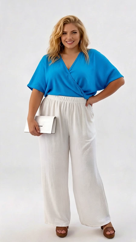 Αυτό το εντυπωσιακό σύνολο plus size αποτελείται από ένα κομψό κροπ τοπ σε λαμπερό γαλάζιο χρώμα και μια άνετη παντελόνα σε λευκό. Το τοπ διαθέτει κρουαζέ σχεδιασμό με V λαιμόκοψη που κολακεύει το μπούστο, ενώ τα φαρδιά, αναδιπλούμενα μανίκια προσφέρουν άνεση και στυλ. Η ελαφριά υφή του υφάσματος είναι ιδανική για τις ζεστές καλοκαιρινές ημέρες. Συνδυάζεται αρμονικά με την αέρινη λευκή παντελόνα που διαθέτει ελαστική μέση για άψογη εφαρμογή και άνετη κίνηση. Αυτό το σύνολο είναι ιδανικό για καλοκαιρινές βραδινές εξόδους, κοκτέιλ πάρτι ή ακόμα και για πιο επίσημες καλοκαιρινές εκδηλώσεις. Μπορεί να συνδυαστεί με χρυσά κοσμήματα όπως αυτά που φαίνονται στην εικόνα, και με μια κομψή τσάντα\u002Dφάκελο για ολοκληρωμένο στυλ. Το σύνολο προσφέρει την τέλεια ισορροπία μεταξύ κομψότητας και άνεσης, αναδεικνύοντας τις καμπύλες σας με τον πιο κολακευτικό τρόπο.