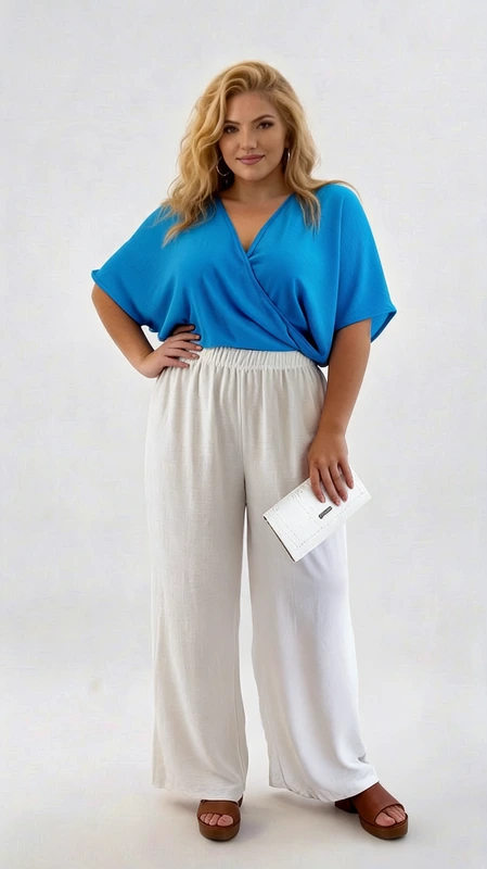 Κροπ τοπ γαλάζιο καλοκαιρινό plus size - CTSPL121 | Candiashop Boutique, Αυτό το εντυπωσιακό σύνολο plus size αποτελείται από ένα κομψό κροπ τοπ σε λαμπερό γαλάζιο χρώμα και μια άνετη παντελόνα σε λευκό. Το τοπ διαθέτει κρουαζέ σχεδιασμό με V λαιμόκοψη που κολακεύει το μπούστο, ενώ τα φαρδιά, αναδιπλούμενα μανίκια προσφέρουν άνεση και στυλ. Η ελαφριά υφή του υφάσματος είναι ιδανική για τις ζεστές καλοκαιρινές ημέρες. Συνδυάζεται αρμονικά με την αέρινη λευκή παντελόνα που διαθέτει ελαστική μέση για άψογη εφαρμογή και άνετη κίνηση. Αυτό το σύνολο είναι ιδανικό για καλοκαιρινές βραδινές εξόδους, κοκτέιλ πάρτι ή ακόμα και για πιο επίσημες καλοκαιρινές εκδηλώσεις. Μπορεί να συνδυαστεί με χρυσά κοσμήματα όπως αυτά που φαίνονται στην εικόνα, και με μια κομψή τσάντα-φάκελο για ολοκληρωμένο στυλ. Το σύνολο προσφέρει την τέλεια ισορροπία μεταξύ κομψότητας και άνεσης, αναδεικνύοντας τις καμπύλες σας με τον πιο κολακευτικό τρόπο.