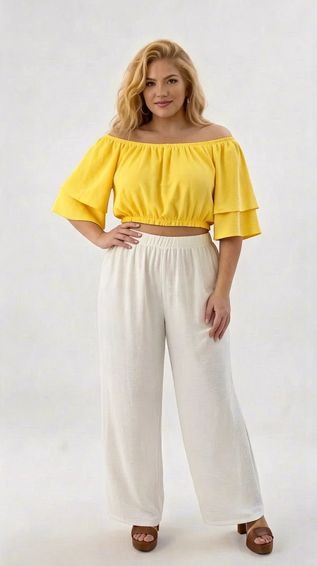 Κροπ τοπ λαχανί καλοκαιρινό plus size - CTSPL114 | Candiashop Boutique, Αυτό το εντυπωσιακό σύνολο αποτελείται από ένα κομψό κίτρινο κροπ τοπ και μια λευκή φαρδιά παντελόνα, ιδανικό για καλοκαιρινές εμφανίσεις. Το τοπ σε λαμπερό κίτρινο χρώμα διαθέτει έξω τους ώμους σχεδιασμό με ελαστικό λάστιχο στο πάνω μέρος και στο τελείωμα, δημιουργώντας έναν κολακευτικό όγκο. Τα φαρδιά μανίκια τρία-τέταρτα προσφέρουν άνεση και στυλ, ενώ το κοντό μήκος του αναδεικνύει τη μέση. Συνδυάζεται τέλεια με την άνετη λευκή παντελόνα που διαθέτει ελαστική μέση για μέγιστη άνεση και φαρδιά γραμμή που κολακεύει κάθε σωματότυπο. Το σύνολο είναι ιδανικό για καλοκαιρινές βόλτες, παραλιακά δείπνα ή απογευματινούς καφέδες. Μπορεί να συνδυαστεί με χρυσά αξεσουάρ, όπως βραχιόλια και σκουλαρίκια, για μια πιο εντυπωσιακή εμφάνιση. Το ελαφρύ ύφασμα εξασφαλίζει δροσιά κατά τις ζεστές καλοκαιρινές ημέρες, ενώ η χαλαρή εφαρμογή προσφέρει άνεση και κίνηση. Ένα must-have σύνολο για το καλοκαιρινό σας ντουλάπα!