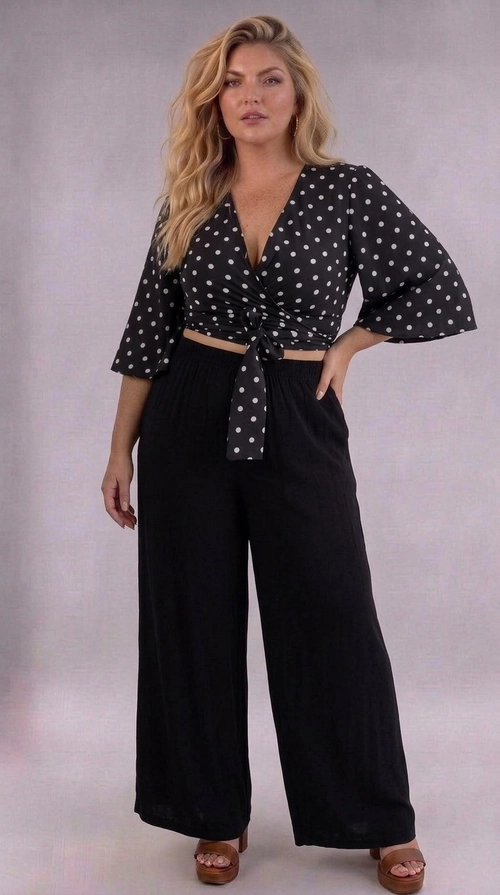 Κροπ τοπ μαύρο καλοκαιρινό plus size - CTSPL130 | Candiashop Boutique, Ανακαλύψτε το απόλυτο καλοκαιρινό κροπ τοπ που συνδυάζει στυλ και άνεση για κάθε plus size σιλουέτα. Σε κλασικό μαύρο χρώμα με λευκά πουά μοτίβα, αυτό το τοπ αναδεικνύει τη θηλυκότητά σας με κομψό και παιχνιδιάρικο τρόπο. Το βαθύ V-λαιμόκοψη και το δέσιμο στη μέση δημιουργούν μια κολακευτική εφαρμογή που τονίζει τις καμπύλες σας, ενώ τα φαρδιά μανίκια τύπου μπόχο προσθέτουν μια ρομαντική, boho-chic αίσθηση. Το ελαφρύ ύφασμα εξασφαλίζει τέλεια άνεση τις ζεστές καλοκαιρινές μέρες, κάνοντάς το ιδανικό για κάθε περίσταση. Μπορεί να φορεθεί με φαρδιά μαύρη παντελόνα για ένα sophisticated look, με λευκό τζιν για casual εμφάνιση, ή με φλοράλ φούστα για ένα πιο φεμινιστικό αποτέλεσμα. Ιδανικό για βραδινές έξοδοι, καλοκαιρινές εκδρομές ή χαλαρές συναντήσεις με φίλες, αυτό το κροπ τοπ αποτελεί must-have κομμάτι για κάθε γυναίκα που αγαπά τη μόδα χωρίς συμβιβασμούς στην άνεση.