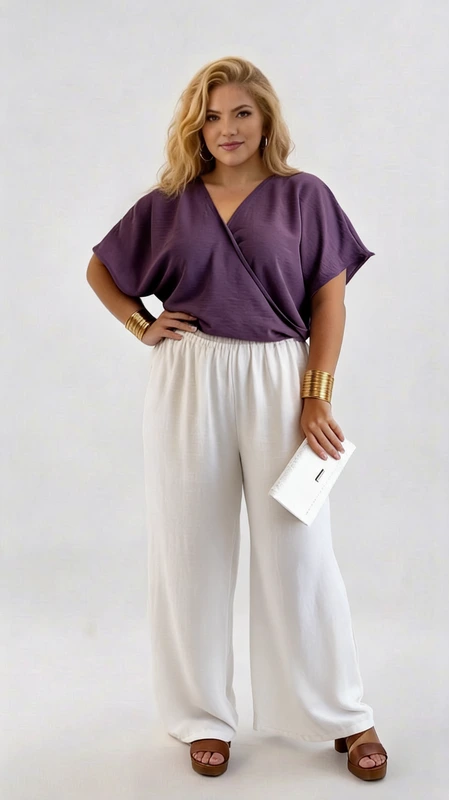 Κροπ τοπ μοβ καλοκαιρινό plus size - CTSPL118 | Candiashop Boutique, Αυτό το κομψό σύνολο αποτελείται από ένα μοντέρνο κροπ τοπ σε υπέροχο μελιτζανί χρώμα και μια φαρδιά παντελόνα σε λευκό. Το τοπ διαθέτει σχεδιασμό κρουαζέ με V λαιμόκοψη που κολακεύει το μπούστο, ενώ τα φαρδιά κοντά μανίκια προσφέρουν άνεση και αέρινη αίσθηση. Η ελαφρώς χαλαρή εφαρμογή του είναι ιδανική για τις ζεστές καλοκαιρινές μέρες, ενώ το ποιοτικό ύφασμα εξασφαλίζει κομψή εμφάνιση. Συνδυάζεται τέλεια με την άνετη λευκή παντελόνα ψηλής μέσης που χαρίζει μια αίσθηση αέρινης κομψότητας. Το σύνολο αυτό είναι ιδανικό για καλοκαιρινές βραδινές εξόδους, κοκτέιλ πάρτι ή ακόμα και για επαγγελματικές συναντήσεις όταν συνδυαστεί με τα κατάλληλα αξεσουάρ. Φορέστε το με χρυσά κοσμήματα και μια λευκή τσάντα για μια εντυπωσιακή εμφάνιση που συνδυάζει άνεση και στυλ. Διαθέσιμο σε μεγέθη plus size, αυτό το σύνολο αγκαλιάζει και αναδεικνύει τις καμπύλες με κολακευτικό τρόπο.