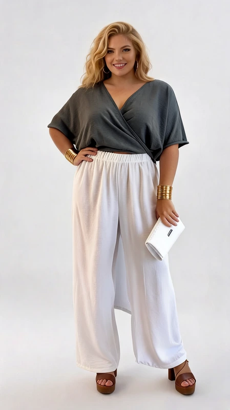 Αυτό το κομψό σύνολο plus size αποτελείται από ένα μοντέρνο γκρι ανθρακί κροπ τοπ με κρουαζέ σχεδιασμό και μια λευκή φαρδιά παντελόνα. Το τοπ διαθέτει χαλαρά μανίκια τύπου νυχτερίδας που χαρίζουν άνεση και στυλ, ενώ ο κρουαζέ σχεδιασμός του αναδεικνύει θηλυκά τη σιλουέτα. Η φαρδιά λευκή παντελόνα με το ελαστικό λάστιχο στη μέση προσφέρει εξαιρετική άνεση και ευκολία στην κίνηση, ενώ η ρέουσα υφή της δημιουργεί μια αίσθηση αέρινης κομψότητας. Ιδανικό για καλοκαιρινές βραδινές εξόδους, κοκτέιλ πάρτι ή ακόμα και για επίσημες καλοκαιρινές εκδηλώσεις. Μπορεί να συνδυαστεί με χρυσά κοσμήματα όπως τα βραχιόλια που φαίνονται στην εικόνα για μια πιο εντυπωσιακή εμφάνιση. Η αντίθεση του σκούρου τοπ με το ανάλαφρο λευκό παντελόνι δημιουργεί ένα ισορροπημένο σύνολο που κολακεύει κάθε σωματότυπο. Φορέστε το με πέδιλα ή σανδάλια για να ολοκληρώσετε αυτό το εντυπωσιακό καλοκαιρινό look.