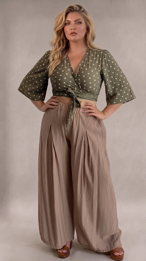 Κροπ τοπ χακί καλοκαιρινό plus size - CTSPL129 | Candiashop Boutique, Ανακαλύψτε το απόλυτο καλοκαιρινό κροπ τοπ που συνδυάζει στυλ και άνεση για κάθε plus size σιλουέτα. Σε βαθύ χακί χρώμα με παιχνιδιάρικα εκρού πουά, αυτό το τοπ αναδεικνύει τη θηλυκότητά σας με έναν μοναδικό τρόπο. Το κρουαζέ σχέδιο στο μπροστινό μέρος δημιουργεί κολακευτικό αποτέλεσμα, ενώ το δέσιμο στη μέση προσφέρει ρυθμιζόμενη εφαρμογή που ταιριάζει σε διαφορετικούς σωματότυπους. Το γιακαδάκι και τα μεσαία μανίκια με ελαφρά φουσκωτή γραμμή προσδίδουν έναν αέρα κομψής ρομαντικότητας. Ιδανικό για καλοκαιρινές βόλτες, beach parties ή casual εξόδους, μπορεί να φορεθεί με φαρδιά παντελόνια palazzo σε μπεζ ή χακί αποχρώσεις, όπως φαίνεται στο σύνολο, αλλά και με ψηλόμεσα τζιν ή floral φούστες. Η ελαφριά υφή του υφάσματος εξασφαλίζει δροσιά τις ζεστές μέρες, ενώ το μοτίβο πουά παραμένει διαχρονικά κομψό και ποτέ εκτός μόδας.