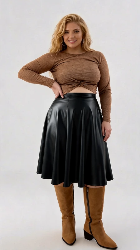 Plus size γυναικείο κροπ τοπ μακρυμάνικο καφέ ταμπά. Μπορεί να φορεθεί με ψηλόμεση φούστα, ψηλόμεση παντελόνα ακόμα και με φούστα μίντι ή pencil.