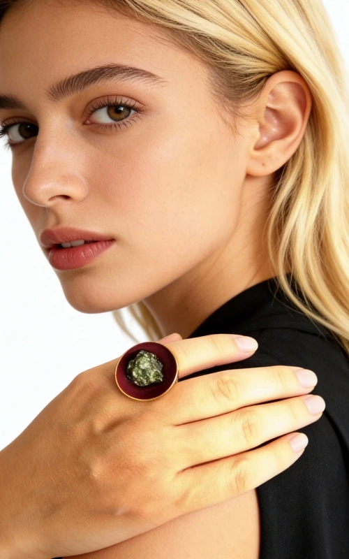 Δαχτυλίδι γυναικείο με πυρίτη medium μπορντό - 10989, Ανακαλύψτε τη μαγεία του χειροποίητου κοσμήματος με αυτό το εντυπωσιακό γυναικείο δαχτυλίδι με πυρίτη σε μπορντό απόχρωση. Σχεδιασμένο από την Ελληνίδα Σχεδιάστρια Κοσμημάτων Αικατερίνη Χαλκιαδάκη, το δαχτυλίδι αυτό συνδυάζει την παραδοσιακή ελληνική τεχνοτροπία με τη σύγχρονη αισθητική.
Το μεγάλο δαχτυλίδι διαθέτει στρογγυλή επιφάνεια σε έντονο μπορντό χρώμα, στο κέντρο της οποίας λάμπει φυσικός σιδηροπυρίτης με το χαρακτηριστικό του χρυσαφί μεταλλικό γυαλάδι. Η βάση από ορείχαλκο προσφέρει σταθερότητα και άνεση στη φορεσιά, ενώ η χειροποίητη κατασκευή εγγυάται τη μοναδικότητα κάθε κομματιού.
Αυτό το statement δαχτυλίδι είναι ιδανικό για να συμπληρώσει τόσο καθημερινά όσο και βραδινά σύνολα, προσδίδοντας μια πινελιά αυθεντικής ελληνικής τέχνης στο στυλ σας. Φυλάσσετε σε στεγνό μέρος και καθαρίζετε με μαλακό πανί για να διατηρήσετε τη λάμψη του κοσμήματος.
Υλικό: Ορείχαλκος 
Πέτρα: Σιδηροπυρίτης