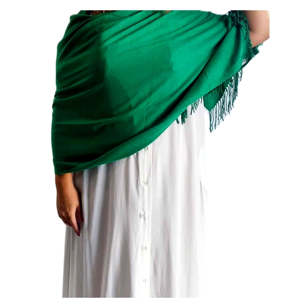 Αυτή η κομψή εσάρπα σε λαμπερό σμαραγδί πράσινο χρώμα αποτελεί την τέλεια προσθήκη για κάθε κομψή εμφάνιση. Κατασκευασμένη από πολυτελή συνδυασμό 90% κασμίρ και 10% μετάξι, προσφέρει απαράμιλλη απαλότητα και ζεστασιά με μια διακριτική γυαλάδα που μόνο το μετάξι μπορεί να χαρίσει. Οι κομψές κρόσσες στις άκρες προσθέτουν μια νότα διακριτικής πολυτέλειας, ενώ το γενναιόδωρο μέγεθός της επιτρέπει ποικίλους τρόπους να τη φορέσετε \u002D ως παραδοσιακό φουλάρι, ως εντυπωσιακό σάλι ή ακόμα και ως κομψό αξεσουάρ πάνω από ένα λευκό φόρεμα όπως απεικονίζεται. Ιδανική για βραδινές εξόδους, επίσημες εκδηλώσεις ή για να προσθέσετε μια πινελιά χρώματος σε ένα μονόχρωμο σύνολο. Το έντονο πράσινο χρώμα της συνδυάζεται υπέροχα με ουδέτερες αποχρώσεις όπως λευκό, μαύρο ή μπεζ, δημιουργώντας αριστοκρατικές εμφανίσεις με άνεση. Αυτό το διαχρονικό κομμάτι θα αναβαθμίσει κάθε γκαρνταρόμπα και θα σας συντροφεύει για πολλές σεζόν.