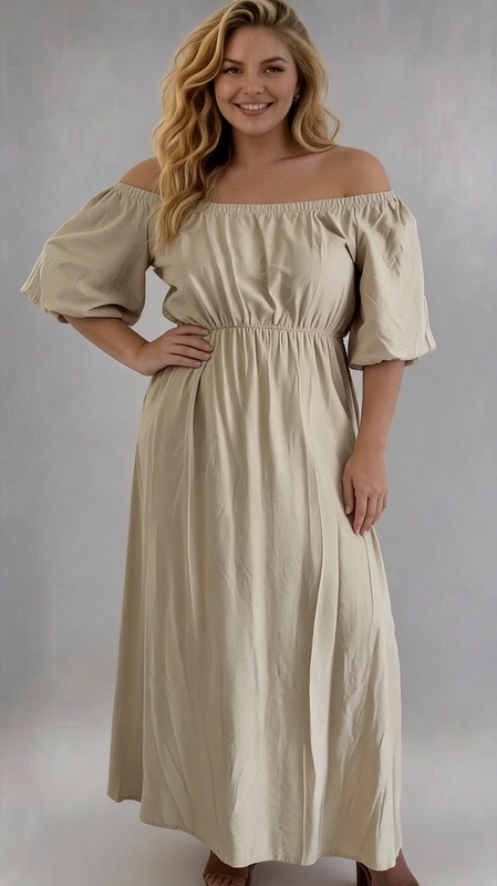 Φόρεμα εκρού καλοκαιρινό - FRW635 | Candiashop Boutique, Ένα υπέροχο maxi φόρεμα που ενσαρκώνει την αιθέρια θηλυκότητα και την κομψή απλότητα. Το off-shoulder σχεδιασμό του αναδεικνύει χαριτωμένα τους ώμους και το ντεκολτέ, ενώ η ελαστική μπάσκα στη μέση τονίζει κολακευτικά τη σιλουέτα, προσφέροντας άνεση και στυλ ταυτόχρονα. Τα φουσκωτά μανίκια ¾ με ελαστική λεπτομέρεια στα μανικετόκουμπα προσδίδουν έναν ρομαντικό, boho χαρακτήρα, κάνοντάς το ιδανικό για plus size σώματα που αναζητούν κομψή εμφάνιση.Το μονόχρωμο σχέδιο του το καθιστά ευέλικτο και διαχρονικό. Μπορεί να φορεθεί σε καλοκαιρινές βόλτες, σε beach parties, σε γαμήλιες δεξιώσεις ή σε ρομαντικά δείπνα. Συνδυάστε το με σανδάλια και boho αξεσουάρ για ένα αποτέλεσμα που θα κλέψει τις εντυπώσεις.