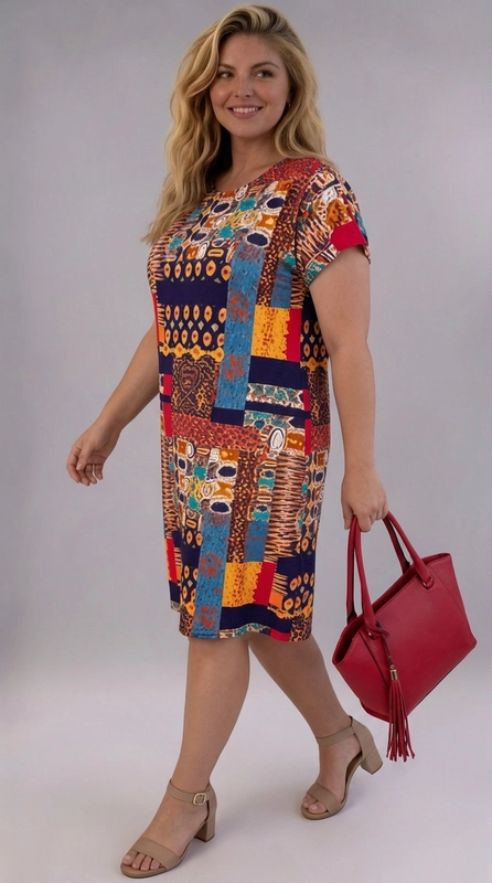Φόρεμα εμπριμέ καλοκαιρινό - FRW693 | Candiashop Boutique, Ένα εντυπωσιακό φόρεμα για γυναίκες με καμπύλες που συνδυάζει στυλ και άνεση σε ένα μοναδικό σχέδιο. Το πολύχρωμο patchwork μοτίβο του αποτελείται από έντονες αποχρώσεις σε ναυτικό μπλε, πορτοκαλί, κεραμιδί, κόκκινο και τιρκουάζ, δημιουργώντας ένα εξωτικό και ζωντανό αποτέλεσμα που θυμίζει αφρικανικές επιρροές. Το φόρεμα διαθέτει κοντά μανίκια, στρογγυλή λαιμόκοψη και ίσια γραμμή που πέφτει άνετα στο σώμα, προσφέροντας ελευθερία κινήσεων χωρίς να χάνει την κομψότητά του. Το ύφασμά του φαίνεται ελαφρύ και κατάλληλο για ζεστές μέρες. Μπορεί να φορεθεί με πέδιλα σε μπεζ ή καφέ απόχρωση, όπως στην εικόνα, και να συνδυαστεί με μια κόκκινη τσάντα για έναν δυναμικό, καλοκαιρινό look. Ιδανικό για καθημερινές εξόδους, καλοκαιρινές εκδρομές, αλλά και για πιο χαλαρές κοινωνικές συναντήσεις. Ένα φόρεμα που γιορτάζει τη θηλυκότητα και εκφράζει μια ξεχωριστή, τολμηρή προσωπικότητα.