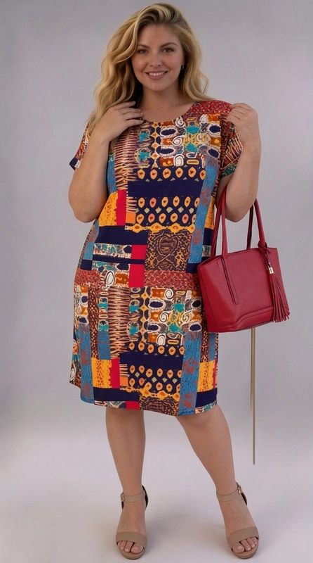 Φόρεμα εμπριμέ καλοκαιρινό - FRW693 | Candiashop Boutique, Ένα εντυπωσιακό φόρεμα για γυναίκες με καμπύλες που συνδυάζει στυλ και άνεση σε ένα μοναδικό σχέδιο. Το πολύχρωμο patchwork μοτίβο του αποτελείται από έντονες αποχρώσεις σε ναυτικό μπλε, πορτοκαλί, κεραμιδί, κόκκινο και τιρκουάζ, δημιουργώντας ένα εξωτικό και ζωντανό αποτέλεσμα που θυμίζει αφρικανικές επιρροές. Το φόρεμα διαθέτει κοντά μανίκια, στρογγυλή λαιμόκοψη και ίσια γραμμή που πέφτει άνετα στο σώμα, προσφέροντας ελευθερία κινήσεων χωρίς να χάνει την κομψότητά του. Το ύφασμά του φαίνεται ελαφρύ και κατάλληλο για ζεστές μέρες. Μπορεί να φορεθεί με πέδιλα σε μπεζ ή καφέ απόχρωση, όπως στην εικόνα, και να συνδυαστεί με μια κόκκινη τσάντα για έναν δυναμικό, καλοκαιρινό look. Ιδανικό για καθημερινές εξόδους, καλοκαιρινές εκδρομές, αλλά και για πιο χαλαρές κοινωνικές συναντήσεις. Ένα φόρεμα που γιορτάζει τη θηλυκότητα και εκφράζει μια ξεχωριστή, τολμηρή προσωπικότητα.
