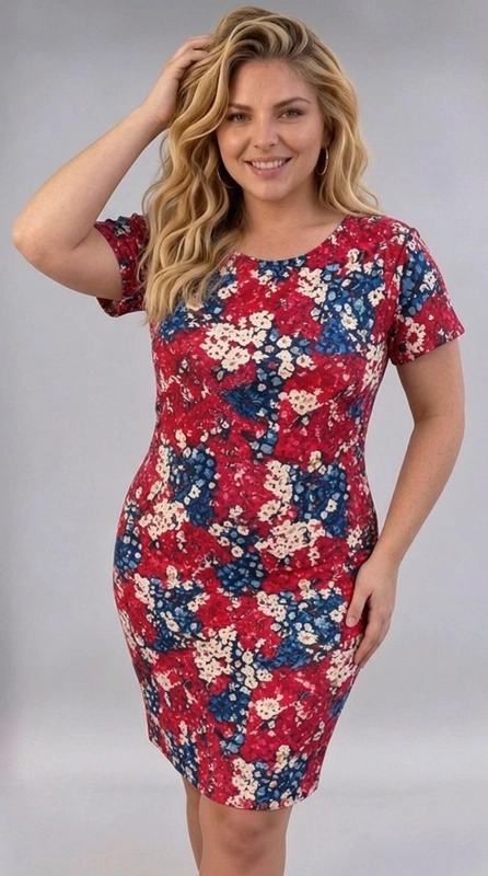Φόρεμα φούξια καλοκαιρινό - FRW677 | Candiashop Boutique, Ένα υπέροχο φόρεμα που συνδυάζει στυλ και άνεση, ιδανικό για γυναίκες με καμπύλες. Το εντυπωσιακό floral μοτίβο του αποτελείται από ζωηρά κόκκινα, βαθιά μπλε και κρεμ λουλούδια, δημιουργώντας μια ρομαντική και φεμινιστική αισθητική που ξεχωρίζει. Το κυρίαρχο βαθύ κόκκινο χρώμα δίνει μια δυναμική και θηλυκή εμφάνιση, ενώ οι μπλε και κρεμ λεπτομέρειες προσθέτουν ισορροπία και χάρη στο σύνολο. Το φόρεμα διαθέτει κοντά μανίκια, στρογγυλή λαιμόκοψη και εφαρμοστή γραμμή που αναδεικνύει κολακευτικά τις καμπύλες. Το midi μήκος του εξασφαλίζει κομψότητα και άνεση, ενώ το ελαστικό ύφασμα προσφέρει ελευθερία κινήσεων καθ' όλη τη διάρκεια της ημέρας. Μπορεί να φορεθεί με λευκά sneakers για έναν casual καλοκαιρινό περίπατο, ή να αναβαθμιστεί με πέδιλα και αξεσουάρ για ένα βραδινό ραντεβού ή μια ημερήσια εκδήλωση. Ιδανική επιλογή για γυναίκες που αναζητούν έναν συνδυασμό άνεσης και στυλ.