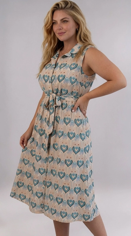 Φόρεμα γαλάζιο καλοκαιρινό - FRW659 | Candiashop Boutique, Ένα υπέροχο αμάνικο φόρεμα που συνδυάζει κομψότητα και άνεση, ιδανικό για γυναίκες με καμπύλες. Το φόρεμα διαθέτει ένα μαγευτικό μοτίβο με καρδιές σε αποχρώσεις πετρόλ και γαλάζιο σε κρεμ φόντο, δημιουργώντας ένα ρετρό αισθητικό αποτέλεσμα που παραπέμπει στη δεκαετία του '60. Το κλασικό γιακαδάκι πουκαμίσας και το κουμπωτό μπροστινό μέρος του προσδίδουν έναν εκλεπτυσμένο χαρακτήρα, ενώ η ζώνη στη μέση σε ίδιο ύφασμα τονίζει τη σιλουέτα και δίνει ένα κομψό φινίρισμα. Η γραμμή A που ακολουθεί πέφτει χαριτωμένα μέχρι το μεσαίο μήκος της κνήμης, εξασφαλίζοντας άνετη εφαρμογή. Μπορεί να φορεθεί με λευκά sneakers για μια καθημερινή, ανάλαφρη εμφάνιση, ή με σανδάλια και αξεσουάρ για μια πιο επίσημη περίσταση, όπως καλοκαιρινή εκδήλωση ή βόλτα στην πόλη. Ένα φόρεμα που γιορτάζει τη θηλυκότητα με στυλ και αυτοπεποίθηση.