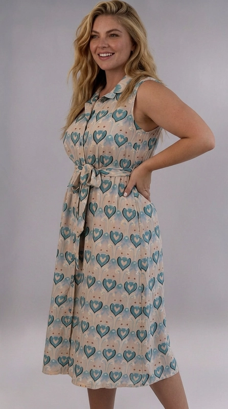 Φόρεμα γαλάζιο καλοκαιρινό - FRW659 | Candiashop Boutique, Ένα υπέροχο αμάνικο φόρεμα που συνδυάζει κομψότητα και άνεση, ιδανικό για γυναίκες με καμπύλες. Το φόρεμα διαθέτει ένα μαγευτικό μοτίβο με καρδιές σε αποχρώσεις πετρόλ και γαλάζιο σε κρεμ φόντο, δημιουργώντας ένα ρετρό αισθητικό αποτέλεσμα που παραπέμπει στη δεκαετία του '60. Το κλασικό γιακαδάκι πουκαμίσας και το κουμπωτό μπροστινό μέρος του προσδίδουν έναν εκλεπτυσμένο χαρακτήρα, ενώ η ζώνη στη μέση σε ίδιο ύφασμα τονίζει τη σιλουέτα και δίνει ένα κομψό φινίρισμα. Η γραμμή A που ακολουθεί πέφτει χαριτωμένα μέχρι το μεσαίο μήκος της κνήμης, εξασφαλίζοντας άνετη εφαρμογή. Μπορεί να φορεθεί με λευκά sneakers για μια καθημερινή, ανάλαφρη εμφάνιση, ή με σανδάλια και αξεσουάρ για μια πιο επίσημη περίσταση, όπως καλοκαιρινή εκδήλωση ή βόλτα στην πόλη. Ένα φόρεμα που γιορτάζει τη θηλυκότητα με στυλ και αυτοπεποίθηση.