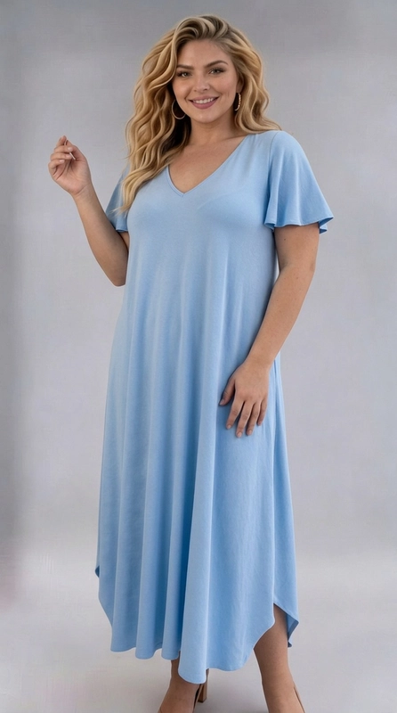 Φόρεμα γαλάζιο καλοκαιρινό - FRW802 | Candiashop Boutique, Ένα υπέροχο φόρεμα σε γαλάζιο χρώμα που συνδυάζει κομψότητα και άνεση, ιδανικό για γυναίκες με plus size σιλουέτα. Το V-λαιμόκοψη προσδίδει θηλυκό και κολακευτικό αποτέλεσμα, ενώ τα βολάν μανίκια προσθέτουν μια ρομαντική, αέρινη πινελιά στο σύνολο. Η γραμμή Α που ακολουθεί το φόρεμα εξασφαλίζει ελευθερία κινήσεων και κολακεύει κάθε σωματότυπο, αποκρύπτοντας τα σημεία που θέλουμε και αναδεικνύοντας τα καλύτερα χαρακτηριστικά της φιγούρας. Το μίντι μήκος του, που φτάνει κάτω από το γόνατο, το καθιστά κατάλληλο για πολλές περιστάσεις. Το ανοιχτό γαλάζιο χρώμα του είναι ιδανικό για την άνοιξη και το καλοκαίρι, προσφέροντας μια φρέσκια και χαρούμενη εμφάνιση. Μπορεί να φορεθεί σε καλοκαιρινές εκδηλώσεις, βόλτες στην παραλία, καφέ με φίλες ή ακόμα και σε επαγγελματικά γεύματα. Συνδυάστε το με σανδάλια ή πέδιλα για μια ολοκληρωμένη και εντυπωσιακή εμφάνιση που θα σας κάνει να νιώθετε υπέροχα.
