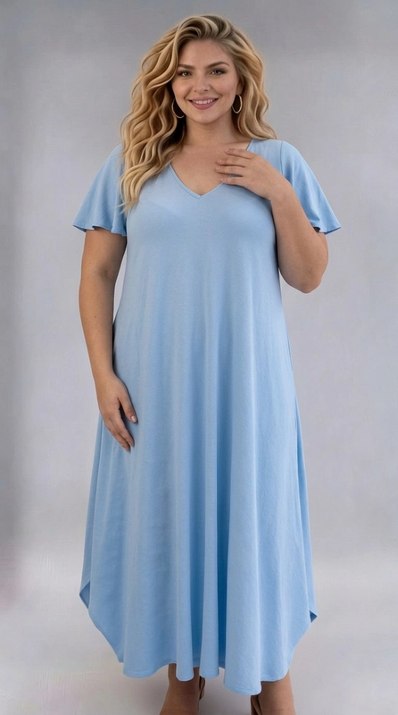Φόρεμα γαλάζιο καλοκαιρινό - FRW802 | Candiashop Boutique, Ένα υπέροχο φόρεμα σε γαλάζιο χρώμα που συνδυάζει κομψότητα και άνεση, ιδανικό για γυναίκες με plus size σιλουέτα. Το V-λαιμόκοψη προσδίδει θηλυκό και κολακευτικό αποτέλεσμα, ενώ τα βολάν μανίκια προσθέτουν μια ρομαντική, αέρινη πινελιά στο σύνολο. Η γραμμή Α που ακολουθεί το φόρεμα εξασφαλίζει ελευθερία κινήσεων και κολακεύει κάθε σωματότυπο, αποκρύπτοντας τα σημεία που θέλουμε και αναδεικνύοντας τα καλύτερα χαρακτηριστικά της φιγούρας. Το μίντι μήκος του, που φτάνει κάτω από το γόνατο, το καθιστά κατάλληλο για πολλές περιστάσεις. Το ανοιχτό γαλάζιο χρώμα του είναι ιδανικό για την άνοιξη και το καλοκαίρι, προσφέροντας μια φρέσκια και χαρούμενη εμφάνιση. Μπορεί να φορεθεί σε καλοκαιρινές εκδηλώσεις, βόλτες στην παραλία, καφέ με φίλες ή ακόμα και σε επαγγελματικά γεύματα. Συνδυάστε το με σανδάλια ή πέδιλα για μια ολοκληρωμένη και εντυπωσιακή εμφάνιση που θα σας κάνει να νιώθετε υπέροχα.