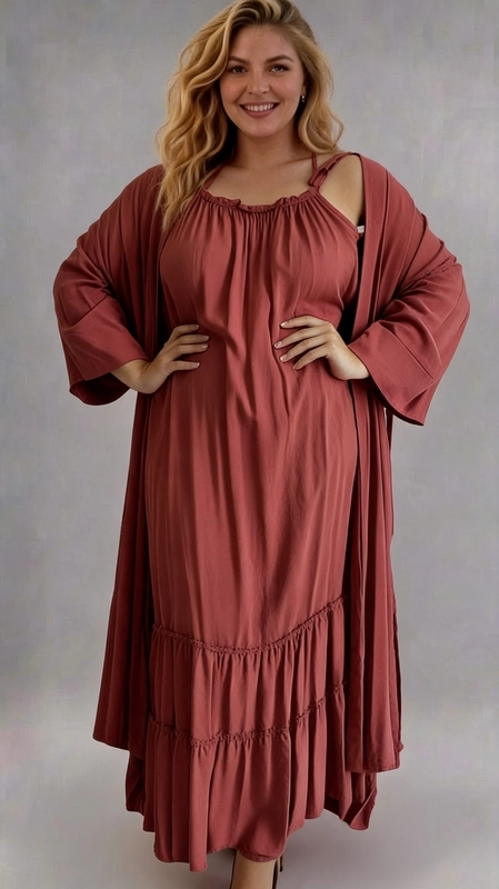 Φόρεμα κεραμιδί καλοκαιρινό - FRW648 | Candiashop Boutique, Ένα υπέροχο σετ δύο τεμαχίων σε πλούσια απόχρωση σκούρου τερακότα που αποπνέει θηλυκότητα και κομψότητα. Αποτελείται από ένα αέρινο φόρεμα με λεπτές τιράντες και ελαστική λαιμόκοψη τύπου bardot, που χαρίζει έναν ρομαντικό και carefree χαρακτήρα. Το φόρεμα διαθέτει A-γραμμή σιλουέτα με εντυπωσιακό βολάν στο τελείωμα, προσθέτοντας κίνηση και χάρη. Η ρέουσα ύφανση του υφάσματος εξασφαλίζει άνεση και ελευθερία κινήσεων, ενώ η oversized γραμμή το καθιστά ιδανικό για γυναίκες με καμπύλες. Το μονόχρωμο σχέδιο και η πλούσια απόχρωση του δίνουν έναν διαχρονικό χαρακτήρα. Μπορεί να φορεθεί σε καλοκαιρινές εξόδους, σε beach parties, σε βραδινές εκδηλώσεις ή ακόμα και σε ημερήσιες περιστάσεις. Ένα σετ που συνδυάζει άνεση και κομψότητα, ιδανικό για κάθε γυναίκα που αγαπά τη θηλυκή αλλά άνετη αισθητική.