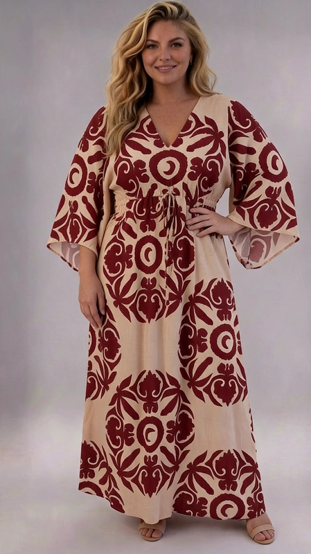 Φόρεμα κεραμιδί καλοκαιρινό - FRW711 | Candiashop Boutique, Ένα εντυπωσιακό maxi φόρεμα που συνδυάζει κομψότητα και boho αισθητική, ιδανικό για γυναίκες plus size που αγαπούν το στυλ και την άνεση. Το φόρεμα διαθέτει βαθύ εκρού φόντο με έντονο μπορντό μοτίβο, εμπνευσμένο από παραδοσιακά τεχνουργήματα και floral σχέδια που δημιουργούν μια μεσογειακή, εξωτική αίσθηση. Η V-λαιμόκοψη με δέσιμο στο στήθος προσθέτει θηλυκότητα, ενώ τα φαρδιά, κιμονό-στυλ μανίκια δίνουν μια ρέουσα, χαλαρή εφαρμογή που κολακεύει κάθε σώμα. Η γραμμή A που ακολουθεί το φόρεμα εξασφαλίζει άνετη κίνηση και κομψή σιλουέτα. Κατάλληλο για καλοκαιρινές βόλτες, beach parties, γαμήλιες δεξιώσεις σε εξωτερικό χώρο ή ρομαντικά δείπνα. Μπορεί να φορεθεί με σανδάλια για ένα casual look ή με πλατφόρμες για πιο επίσημες περιστάσεις. Ένα φόρεμα που αναδεικνύει την προσωπικότητα και εκφράζει αυτοπεποίθηση με κάθε βήμα.