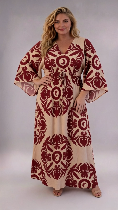Φόρεμα κεραμιδί καλοκαιρινό - FRW711 | Candiashop Boutique, Ένα εντυπωσιακό maxi φόρεμα που συνδυάζει κομψότητα και boho αισθητική, ιδανικό για γυναίκες plus size που αγαπούν το στυλ και την άνεση. Το φόρεμα διαθέτει βαθύ εκρού φόντο με έντονο μπορντό μοτίβο, εμπνευσμένο από παραδοσιακά τεχνουργήματα και floral σχέδια που δημιουργούν μια μεσογειακή, εξωτική αίσθηση. Η V-λαιμόκοψη με δέσιμο στο στήθος προσθέτει θηλυκότητα, ενώ τα φαρδιά, κιμονό-στυλ μανίκια δίνουν μια ρέουσα, χαλαρή εφαρμογή που κολακεύει κάθε σώμα. Η γραμμή A που ακολουθεί το φόρεμα εξασφαλίζει άνετη κίνηση και κομψή σιλουέτα. Κατάλληλο για καλοκαιρινές βόλτες, beach parties, γαμήλιες δεξιώσεις σε εξωτερικό χώρο ή ρομαντικά δείπνα. Μπορεί να φορεθεί με σανδάλια για ένα casual look ή με πλατφόρμες για πιο επίσημες περιστάσεις. Ένα φόρεμα που αναδεικνύει την προσωπικότητα και εκφράζει αυτοπεποίθηση με κάθε βήμα.