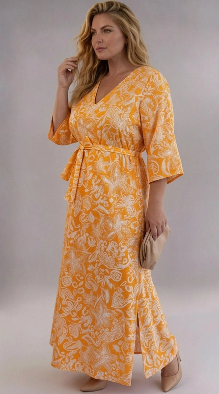 Φόρεμα κίτρινο καλοκαιρινό - FRW706 | Candiashop Boutique, Ένα εντυπωσιακό maxi φόρεμα σε ζωηρό πορτοκαλί χρώμα με λευκό floral μοτίβο που αποπνέει καλοκαιρινή χαρά και θηλυκότητα. Το πλούσιο βοτανικό σχέδιο με λουλούδια και φύλλα δημιουργεί ένα μοναδικό αποτέλεσμα που τραβά αμέσως τα βλέμματα. Το φόρεμα διαθέτει κομψό V-λαιμόκοψη που κολακεύει το ντεκολτέ, ενώ τα μανίκια τριών τετάρτων προσφέρουν άνεση και στυλ. Η ζώνη στη μέση δένει με φιόγκο, τονίζοντας τη σιλουέτα και δίνοντας μια ρομαντική πινελιά. Το μήκος maxi με το πλαϊνό άνοιγμα στο τελείωμα προσθέτει κίνηση και χάρη στο συνολικό look. Ιδανικό για καλοκαιρινές εκδρομές, beach parties, γαμήλιες δεξιώσεις ή βραδινές έξοδοι, αυτό το plus size φόρεμα συνδυάζει άνεση και κομψότητα. Μπορεί να φορεθεί με σανδάλια ή πλατφόρμες και να συνδυαστεί με χρυσά αξεσουάρ για ένα ολοκληρωμένο, εντυπωσιακό σύνολο.