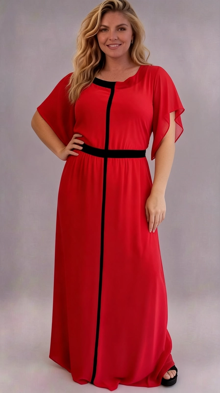 Φόρεμα κόκκινο καλοκαιρινό - FRW691 | Candiashop Boutique, Ένα εντυπωσιακό maxi φόρεμα σε ζωηρό κόκκινο χρώμα που αναδεικνύει την ομορφιά και την αυτοπεποίθηση κάθε γυναίκας. Το σχέδιό του διακρίνεται από κομψές μαύρες λεπτομέρειες: μια κατακόρυφη μαύρη ρίγα στο κέντρο του μπροστινού μέρους και μια ζώνη στη μέση στον ίδιο χρωματισμό, που δημιουργούν ένα έντονο και μοντέρνο αποτέλεσμα. Οι φαρδιές, αέρινες μανίκες από διαφανές ύφασμα προσθέτουν μια ρομαντική πινελιά, ενώ η ρέουσα γραμμή του φορέματος χαρίζει άνεση και κομψότητα. Η εφαρμογή του είναι χαλαρή και ελεύθερη, ιδανική για plus size σιλουέτες, αναδεικνύοντας τις καμπύλες με χάρη. Μπορεί να φορεθεί με ψηλοτάκουνα πέδιλα για βραδινές εξόδους, γάμους ή επίσημες εκδηλώσεις, αλλά και με επίπεδα σανδάλια για πιο χαλαρές καλοκαιρινές εμφανίσεις. Ένα φόρεμα που συνδυάζει στυλ, άνεση και θηλυκότητα σε μία μοναδική πρόταση.