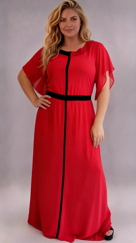 Φόρεμα κόκκινο καλοκαιρινό - FRW691 | Candiashop Boutique, Ένα εντυπωσιακό maxi φόρεμα σε ζωηρό κόκκινο χρώμα που αναδεικνύει την ομορφιά και την αυτοπεποίθηση κάθε γυναίκας. Το σχέδιό του διακρίνεται από κομψές μαύρες λεπτομέρειες: μια κατακόρυφη μαύρη ρίγα στο κέντρο του μπροστινού μέρους και μια ζώνη στη μέση στον ίδιο χρωματισμό, που δημιουργούν ένα έντονο και μοντέρνο αποτέλεσμα. Οι φαρδιές, αέρινες μανίκες από διαφανές ύφασμα προσθέτουν μια ρομαντική πινελιά, ενώ η ρέουσα γραμμή του φορέματος χαρίζει άνεση και κομψότητα. Η εφαρμογή του είναι χαλαρή και ελεύθερη, ιδανική για plus size σιλουέτες, αναδεικνύοντας τις καμπύλες με χάρη. Μπορεί να φορεθεί με ψηλοτάκουνα πέδιλα για βραδινές εξόδους, γάμους ή επίσημες εκδηλώσεις, αλλά και με επίπεδα σανδάλια για πιο χαλαρές καλοκαιρινές εμφανίσεις. Ένα φόρεμα που συνδυάζει στυλ, άνεση και θηλυκότητα σε μία μοναδική πρόταση.