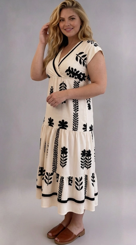 Φόρεμα κρεμ καλοκαιρινό - FRW669 | Candiashop Boutique, Ένα υπέροχο maxi φόρεμα που συνδυάζει την κομψότητα με τη χαλαρή αίσθηση του καλοκαιριού. Το εκρού βάθος του δημιουργεί την τέλεια καμβά για τα εντυπωσιακά μαύρα βοτανικά μοτίβα που κοσμούν ολόκληρη την επιφάνειά του. Τα γεωμετρικά λουλούδια και τα φυλλώδη σχέδια δίνουν μια folk-boho αισθητική που είναι ταυτόχρονα μοντέρνα και διαχρονική. Το κρουαζέ ντεκολτέ με μαύρη λεπτομέρεια πλαισιώνει κολακευτικά, ενώ η tiered γραμμή με τα βολάν στο κάτω μέρος δημιουργεί ροή και κίνηση. Η εφαρμογή είναι ιδανική για plus size σιλουέτες, προσφέροντας άνεση χωρίς να θυσιάζει το στυλ. Μπορεί να φορεθεί με ταμπά σανδάλια για μια casual καλοκαιρινή εμφάνιση, ή με λευκά sneakers για μια πιο sporty διάθεση. Ιδανικό για βόλτες, καλοκαιρινές εκδρομές, αλλά και για πιο επίσημες casual περιστάσεις όπως γεύματα και συγκεντρώσεις.