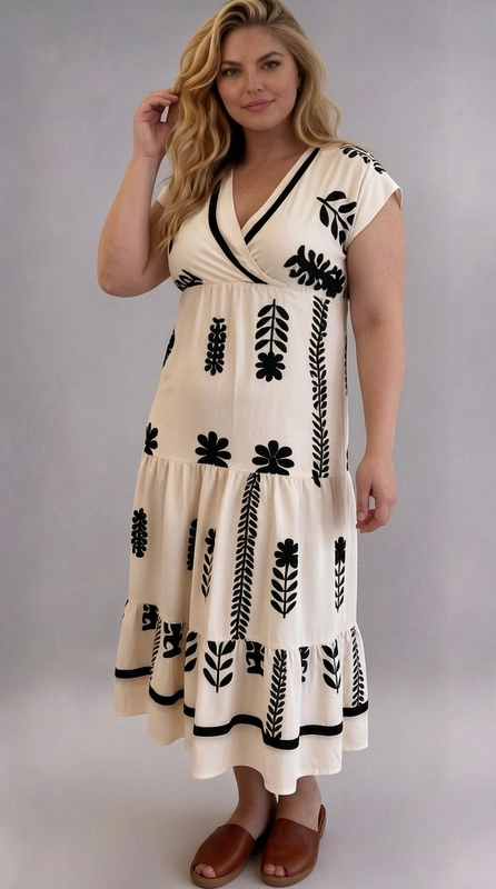 Φόρεμα κρεμ καλοκαιρινό - FRW669 | Candiashop Boutique, Ένα υπέροχο maxi φόρεμα που συνδυάζει την κομψότητα με τη χαλαρή αίσθηση του καλοκαιριού. Το εκρού βάθος του δημιουργεί την τέλεια καμβά για τα εντυπωσιακά μαύρα βοτανικά μοτίβα που κοσμούν ολόκληρη την επιφάνειά του. Τα γεωμετρικά λουλούδια και τα φυλλώδη σχέδια δίνουν μια folk-boho αισθητική που είναι ταυτόχρονα μοντέρνα και διαχρονική. Το κρουαζέ ντεκολτέ με μαύρη λεπτομέρεια πλαισιώνει κολακευτικά, ενώ η tiered γραμμή με τα βολάν στο κάτω μέρος δημιουργεί ροή και κίνηση. Η εφαρμογή είναι ιδανική για plus size σιλουέτες, προσφέροντας άνεση χωρίς να θυσιάζει το στυλ. Μπορεί να φορεθεί με ταμπά σανδάλια για μια casual καλοκαιρινή εμφάνιση, ή με λευκά sneakers για μια πιο sporty διάθεση. Ιδανικό για βόλτες, καλοκαιρινές εκδρομές, αλλά και για πιο επίσημες casual περιστάσεις όπως γεύματα και συγκεντρώσεις.