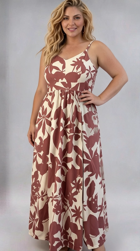 Φόρεμα κρεμ καλοκαιρινό - FRW674 | Candiashop Boutique, Ανακαλύψτε το τέλειο καλοκαιρινό φόρεμα που συνδυάζει στυλ και άνεση για τη σύγχρονη γυναίκα. Αυτό το μακρύ φόρεμα με τιράντες διαθέτει ένα εντυπωσιακό βοτανικό μοτίβο σε αποχρώσεις σκούρου τριανταφυλλί και κρεμ, που δημιουργεί μια ζωντανή και θηλυκή εμφάνιση. Η V-λαιμόκοψη κολακεύει το ντεκολτέ, ενώ η ελαστική μέση προσφέρει εξαιρετική εφαρμογή που αναδεικνύει τις καμπύλες με χάρη. Η φαρδιά, ρέουσα φούστα χαρίζει ελευθερία κινήσεων και αίσθηση ανεμελιάς, ιδανική για ζεστές καλοκαιρινές μέρες. Κατάλληλο για βόλτες στην παραλία, καλοκαιρινές εκδρομές, γεύματα σε εξωτερικούς χώρους ή ακόμα και για πιο χαλαρές βραδινές εξόδους. Μπορεί να συνδυαστεί με λευκά σανδάλια ή εσπαντρίγιες για ένα boho-chic αποτέλεσμα, ενώ ένα ψάθινο καπέλο και ένα καλάθι τσάντα θα ολοκληρώσουν την καλοκαιρινή σας εμφάνιση. Ιδανική επιλογή για γυναίκες plus size που αναζητούν κομψότητα και άνεση σε ένα μοναδικό κομμάτι.