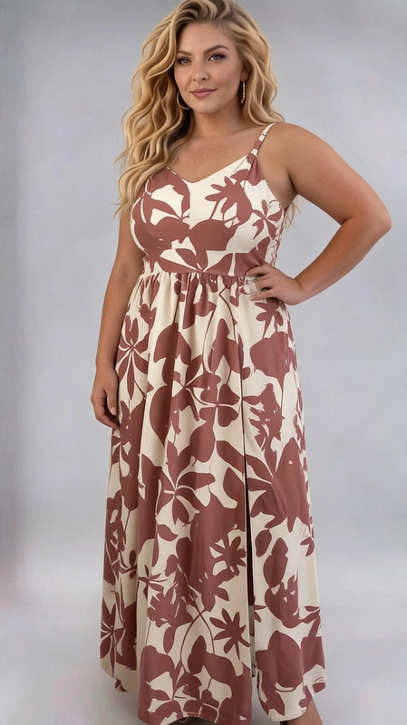 Φόρεμα κρεμ καλοκαιρινό - FRW674 | Candiashop Boutique, Ανακαλύψτε το τέλειο καλοκαιρινό φόρεμα που συνδυάζει στυλ και άνεση για τη σύγχρονη γυναίκα. Αυτό το μακρύ φόρεμα με τιράντες διαθέτει ένα εντυπωσιακό βοτανικό μοτίβο σε αποχρώσεις σκούρου τριανταφυλλί και κρεμ, που δημιουργεί μια ζωντανή και θηλυκή εμφάνιση. Η V-λαιμόκοψη κολακεύει το ντεκολτέ, ενώ η ελαστική μέση προσφέρει εξαιρετική εφαρμογή που αναδεικνύει τις καμπύλες με χάρη. Η φαρδιά, ρέουσα φούστα χαρίζει ελευθερία κινήσεων και αίσθηση ανεμελιάς, ιδανική για ζεστές καλοκαιρινές μέρες. Κατάλληλο για βόλτες στην παραλία, καλοκαιρινές εκδρομές, γεύματα σε εξωτερικούς χώρους ή ακόμα και για πιο χαλαρές βραδινές εξόδους. Μπορεί να συνδυαστεί με λευκά σανδάλια ή εσπαντρίγιες για ένα boho-chic αποτέλεσμα, ενώ ένα ψάθινο καπέλο και ένα καλάθι τσάντα θα ολοκληρώσουν την καλοκαιρινή σας εμφάνιση. Ιδανική επιλογή για γυναίκες plus size που αναζητούν κομψότητα και άνεση σε ένα μοναδικό κομμάτι.