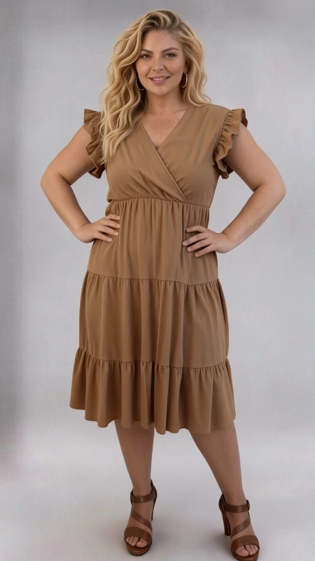 Φόρεμα κρεμ καλοκαιρινό - FRW678 | Candiashop Boutique, Ένα υπέροχο φόρεμα σε γήινο καφέ-μπεζ χρώμα που αναδεικνύει κάθε καμπύλη με κομψό και θηλυκό τρόπο. Το σχέδιό του διαθέτει κλείσιμο κρουαζέ στο μπούστο με βαθύ V λαιμόκοψη, που χαρίζει μια αισθησιακή αλλά διακριτική γραμμή. Τα βολάν μανίκια προσθέτουν ένα ρομαντικό άγγιγμα, ενώ η tiered φούστα με τρεις στρώσεις βολάν δημιουργεί μια αέρινη και πλούσια σιλουέτα που κρύβει όμορφα τα σημεία που θέλετε. Το midi μήκος του, που φτάνει κάτω από το γόνατο, το καθιστά ιδανικό για πολλές περιστάσεις. Μπορεί να φορεθεί σε καλοκαιρινές εκδρομές, σε επισκέψεις, σε γεύματα με φίλους ή ακόμα και σε επίσημες εκδηλώσεις. Συνδυάστε το με καφέ πέδιλα με τακούνι, όπως στη φωτογραφία, για ένα ολοκληρωμένο look, ή με λευκά sneakers για έναν πιο casual τόνο. Ιδανικό για γυναίκες plus size που αναζητούν στυλ, άνεση και αυτοπεποίθηση σε ένα μόνο ένδυμα.