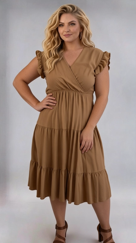 Φόρεμα κρεμ καλοκαιρινό - FRW678 | Candiashop Boutique, Ένα υπέροχο φόρεμα σε γήινο καφέ-μπεζ χρώμα που αναδεικνύει κάθε καμπύλη με κομψό και θηλυκό τρόπο. Το σχέδιό του διαθέτει κλείσιμο κρουαζέ στο μπούστο με βαθύ V λαιμόκοψη, που χαρίζει μια αισθησιακή αλλά διακριτική γραμμή. Τα βολάν μανίκια προσθέτουν ένα ρομαντικό άγγιγμα, ενώ η tiered φούστα με τρεις στρώσεις βολάν δημιουργεί μια αέρινη και πλούσια σιλουέτα που κρύβει όμορφα τα σημεία που θέλετε. Το midi μήκος του, που φτάνει κάτω από το γόνατο, το καθιστά ιδανικό για πολλές περιστάσεις. Μπορεί να φορεθεί σε καλοκαιρινές εκδρομές, σε επισκέψεις, σε γεύματα με φίλους ή ακόμα και σε επίσημες εκδηλώσεις. Συνδυάστε το με καφέ πέδιλα με τακούνι, όπως στη φωτογραφία, για ένα ολοκληρωμένο look, ή με λευκά sneakers για έναν πιο casual τόνο. Ιδανικό για γυναίκες plus size που αναζητούν στυλ, άνεση και αυτοπεποίθηση σε ένα μόνο ένδυμα.