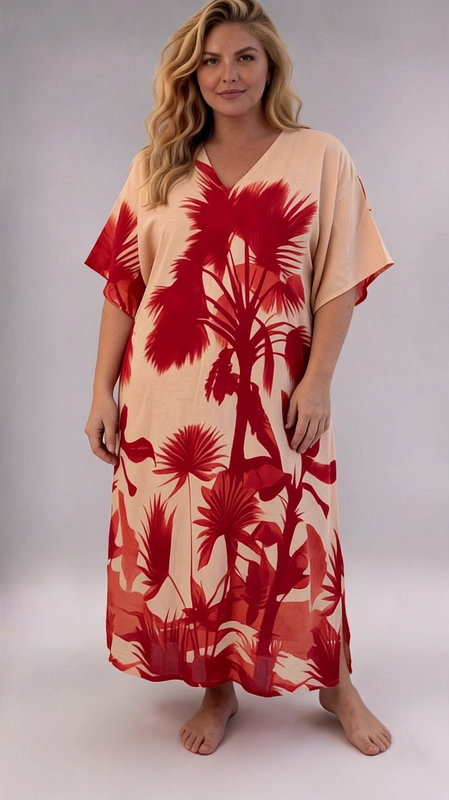 Ένα εντυπωσιακό maxi φόρεμα kaftan που συνδυάζει στυλ και άνεση για τη γυναίκα με καμπύλες. Το υπέροχο τροπικό μοτίβο με έντονες κόκκινες σιλουέτες φοινικόδεντρων και εξωτικής βλάστησης σε ροδακινί\u002Dμπεζ φόντο δημιουργεί μια εικόνα γεμάτη ζωντάνια και καλοκαιρινή διάθεση. Η ευρύχωρη, ρέουσα γραμμή του εξασφαλίζει άψογη εφαρμογή που κολακεύει κάθε σιλουέτα, ενώ τα φαρδιά μανίκια τύπου νυχτερίδας προσδίδουν κομψή, αέρινη αισθητική. Το V\u002Dλαιμόκοψη στο μπροστινό μέρος προσθέτει μια δόση θηλυκότητας, ενώ το μάκρος maxi χαρίζει μια ολοκληρωμένη, περιποιημένη εμφάνιση. Ιδανικό για παραλία, καλοκαιρινές εκδρομές, αλλά και για χαλαρές βραδινές έξοδες. Μπορεί να φορεθεί με σανδάλια ή πλατφόρμες και να συνδυαστεί με ψάθινη τσάντα για ένα τέλειο beach chic αποτέλεσμα. Ένα must\u002Dhave κομμάτι για κάθε γυναίκα που αγαπά τη μόδα χωρίς συμβιβασμούς στην άνεση.