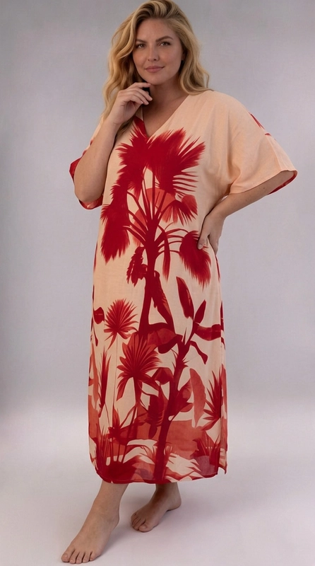 Φόρεμα κρεμ καλοκαιρινό - FRW715 | Candiashop Boutique, Ένα εντυπωσιακό maxi φόρεμα kaftan που συνδυάζει στυλ και άνεση για τη γυναίκα με καμπύλες. Το υπέροχο τροπικό μοτίβο με έντονες κόκκινες σιλουέτες φοινικόδεντρων και εξωτικής βλάστησης σε ροδακινί-μπεζ φόντο δημιουργεί μια εικόνα γεμάτη ζωντάνια και καλοκαιρινή διάθεση. Η ευρύχωρη, ρέουσα γραμμή του εξασφαλίζει άψογη εφαρμογή που κολακεύει κάθε σιλουέτα, ενώ τα φαρδιά μανίκια τύπου νυχτερίδας προσδίδουν κομψή, αέρινη αισθητική. Το V-λαιμόκοψη στο μπροστινό μέρος προσθέτει μια δόση θηλυκότητας, ενώ το μάκρος maxi χαρίζει μια ολοκληρωμένη, περιποιημένη εμφάνιση. Ιδανικό για παραλία, καλοκαιρινές εκδρομές, αλλά και για χαλαρές βραδινές έξοδες. Μπορεί να φορεθεί με σανδάλια ή πλατφόρμες και να συνδυαστεί με ψάθινη τσάντα για ένα τέλειο beach chic αποτέλεσμα. Ένα must-have κομμάτι για κάθε γυναίκα που αγαπά τη μόδα χωρίς συμβιβασμούς στην άνεση.