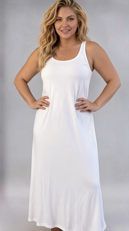 Φόρεμα λευκό καλοκαιρινό - FRW684 | Candiashop Boutique, Ένα διαχρονικό maxi φόρεμα σε λευκό χρώμα που αποπνέει απλότητα και κομψότητα. Το αμάνικο σχέδιό του με στρογγυλή λαιμόκοψη τύπου scoop δημιουργεί μια αέρινη και θηλυκή σιλουέτα, ιδανική για τις ζεστές καλοκαιρινές μέρες. Η γραμμή A που ακολουθεί το φόρεμα χαρίζει άνεση και ελευθερία κινήσεων, ενώ το απαλό, ελαστικό ύφασμα εφαρμόζει κολακευτικά σε plus size σιλουέτες. Το μονόχρωμο, λιτό στυλ του το καθιστά εξαιρετικά ευέλικτο και εύκολο να συνδυαστεί. Μπορεί να φορεθεί με καφέ σανδάλια για μια καθημερινή, boho εμφάνιση, ή με λευκά sneakers για έναν πιο sporty chic τόνο. Για βραδινές εξόδους, συνδυάστε το με χρυσά αξεσουάρ και ψηλοτάκουνα πέδιλα για μια πιο glamour εμφάνιση. Ιδανικό για βόλτες στην παραλία, καλοκαιρινές εκδηλώσεις, αλλά και για χαλαρές καθημερινές στιγμές. Ένα must-have κομμάτι για κάθε γυναικεία γκαρνταρόμπα.