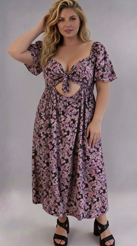 Φόρεμα λιλά καλοκαιρινό - FRW709 | Candiashop Boutique, Ένα υπέροχο καλοκαιρινό φόρεμα που συνδυάζει θηλυκότητα και στυλ σε μεγαλύτερα νούμερα. Το μαύρο φόντο του αναδεικνύει ένα ρομαντικό φλοράλ μοτίβο με μικρά λουλούδια σε αποχρώσεις ροζ, λιλά και λευκού, δημιουργώντας ένα αποτέλεσμα που κολακεύει κάθε σιλουέτα. Το κυριότερο χαρακτηριστικό του είναι το εντυπωσιακό δέσιμο στο μπούστο με cut-out λεπτομέρεια στη μέση, που προσδίδει έναν αισθησιακό τόνο χωρίς να είναι υπερβολικό. Το βαθύ V-ντεκολτέ και τα κοντά φουσκωτά μανίκια ολοκληρώνουν ένα look γεμάτο χάρη. Η γραμμή A προσφέρει άνεση και ελευθερία κινήσεων, ενώ το midi μήκος το καθιστά κατάλληλο για πολλές περιστάσεις. Μπορεί να φορεθεί με σανδάλια ή πλατφόρμες για μια βραδινή έξοδο, ή με πλεκτό σάκο για έναν καλοκαιρινό γάμο. Ιδανικό για διακοπές, καλοκαιρινές εκδηλώσεις και ρομαντικά ραντεβού.