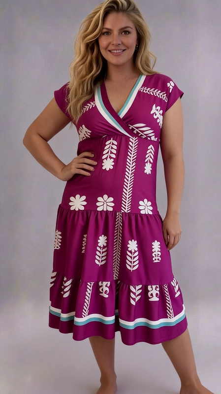 Φόρεμα ματζέντα καλοκαιρινό - FRW663 | Candiashop Boutique, Ένα εντυπωσιακό φόρεμα που συνδυάζει στυλ και άνεση, ιδανικό για γυναίκες με καμπύλες. Το έντονο φούξια-μωβ χρώμα του αποτελεί την τέλεια βάση για το λευκό εκρού floral μοτίβο που κοσμεί ολόκληρο το ύφασμα, με λουλούδια, φύλλα και διακοσμητικά στοιχεία εμπνευσμένα από εξωτικές κουλτούρες. Η τιρκουάζ λεπτομέρεια στη V-λαιμόκοψη και στο τελείωμα της φούστας προσθέτει μια δροσερή πινελιά χρώματος που αναδεικνύει το σύνολο. Το κρουαζέ μπούστο με τις κοντές μανίκες και η tiered φούστα με τις βολάν στρώσεις δημιουργούν μια θηλυκή και κολακευτική εφαρμογή για κάθε σιλουέτα. Το μίντι μήκος του προσφέρει κομψότητα και άνεση ταυτόχρονα. Κατάλληλο για καλοκαιρινές εξόδους, παραθαλάσσιες διακοπές, garden parties ή casual καθημερινές εμφανίσεις. Μπορεί να συνδυαστεί με σανδάλια ή espadrilles για ένα ολοκληρωμένο καλοκαιρινό look που θα τραβήξει όλα τα βλέμματα.