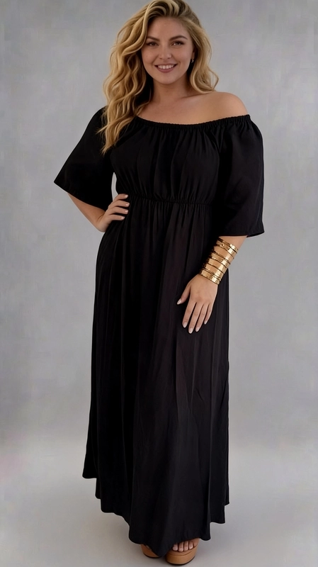 Φόρεμα μαύρο καλοκαιρινό - FRW634 | Candiashop Boutique, Ένα υπέροχο μάξι φόρεμα σε βαθύ μαύρο χρώμα που ορίζει την κομψότητα και τη θηλυκότητα. Το off-shoulder σχέδιό του με ελαστική λαιμόκοψη δημιουργεί μια ρομαντική και αισθησιακή σιλουέτα, ενώ τα κοντά φουσκωτά μανίκια προσδίδουν έναν αέρα εκλέπτυνσης. Η ελαστική μέση τονίζει υπέροχα τις καμπύλες, χαρίζοντας μια κολακευτική εφαρμογή που αναδεικνύει τη γυναικεία φιγούρα. Τα διαδοχικά βολάν δημιουργούν μια ρέουσα κίνηση που συνδυάζει άνεση και στυλ. Το μονόχρωμο, αμπρέ σχέδιο σε μαύρο χρώμα το καθιστά διαχρονικό και εύκολα συνδυάσιμο. Ιδανικό για καλοκαιρινές βραδινές έξοδοι, γαμήλιες δεξιώσεις, αλλά και για ημερήσιες εμφανίσεις στην παραλία ή σε καφέ. Μπορεί να φορεθείμε σανδάλια για έναν πιο casual look. Ειδικά σχεδιασμένο για plus size γυναίκες που αγαπούν τη μόδα χωρίς συμβιβασμούς.