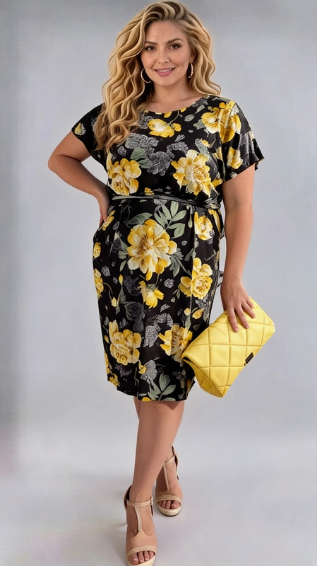 Ένα εντυπωσιακό φόρεμα plus size που συνδυάζει κομψότητα και θηλυκότητα σε ένα μοναδικό σχέδιο. Το μαύρο φόντο του αναδεικνύει υπέροχα τα μεγάλα λουλουδάτα μοτίβα σε έντονο κίτρινο χρώμα, με πράσινα φύλλα και γκρι λεπτομέρειες που προσθέτουν βάθος στο σχέδιο. Το φόρεμα διαθέτει κοντά μανίκια και στρογγυλή λαιμόκοψη, ενώ η ζώνη στη μέση δημιουργεί μια κολακευτική γραμμή που αναδεικνύει τη σιλουέτα. Το μήκος του φτάνει λίγο πάνω από το γόνατο, προσφέροντας έναν κομψό και σύγχρονο συνδυασμό στυλ. Ιδανικό για επαγγελματικές συναντήσεις, γεύματα σε εστιατόρια ή ημερήσιες εξόδους, αυτό το φόρεμα μπορεί να συνδυαστεί με ψηλοτάκουνα πέδιλα σε μπεζ ή κίτρινο χρώμα, όπως φαίνεται στην εικόνα, καθώς και με μια κίτρινη τσάντα clutch για ένα ολοκληρωμένο και συντονισμένο αποτέλεσμα. Ένα φόρεμα που εκφράζει αυτοπεποίθηση και χαρά!