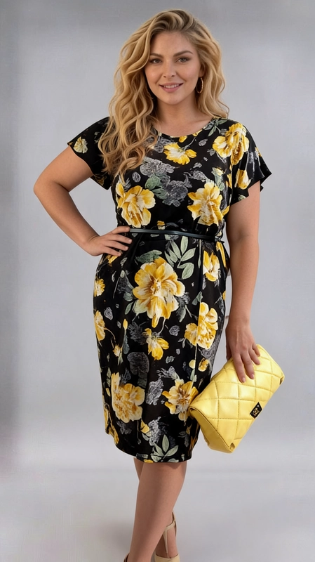 Φόρεμα μαύρο καλοκαιρινό - FRW667 | Candiashop Boutique, Ένα εντυπωσιακό φόρεμα plus size που συνδυάζει κομψότητα και θηλυκότητα σε ένα μοναδικό σχέδιο. Το μαύρο φόντο του αναδεικνύει υπέροχα τα μεγάλα λουλουδάτα μοτίβα σε έντονο κίτρινο χρώμα, με πράσινα φύλλα και γκρι λεπτομέρειες που προσθέτουν βάθος στο σχέδιο. Το φόρεμα διαθέτει κοντά μανίκια και στρογγυλή λαιμόκοψη, ενώ η ζώνη στη μέση δημιουργεί μια κολακευτική γραμμή που αναδεικνύει τη σιλουέτα. Το μήκος του φτάνει λίγο πάνω από το γόνατο, προσφέροντας έναν κομψό και σύγχρονο συνδυασμό στυλ. Ιδανικό για επαγγελματικές συναντήσεις, γεύματα σε εστιατόρια ή ημερήσιες εξόδους, αυτό το φόρεμα μπορεί να συνδυαστεί με ψηλοτάκουνα πέδιλα σε μπεζ ή κίτρινο χρώμα, όπως φαίνεται στην εικόνα, καθώς και με μια κίτρινη τσάντα clutch για ένα ολοκληρωμένο και συντονισμένο αποτέλεσμα. Ένα φόρεμα που εκφράζει αυτοπεποίθηση και χαρά!