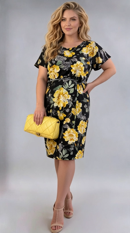 Φόρεμα μαύρο καλοκαιρινό - FRW667 | Candiashop Boutique, Ένα εντυπωσιακό φόρεμα plus size που συνδυάζει κομψότητα και θηλυκότητα σε ένα μοναδικό σχέδιο. Το μαύρο φόντο του αναδεικνύει υπέροχα τα μεγάλα λουλουδάτα μοτίβα σε έντονο κίτρινο χρώμα, με πράσινα φύλλα και γκρι λεπτομέρειες που προσθέτουν βάθος στο σχέδιο. Το φόρεμα διαθέτει κοντά μανίκια και στρογγυλή λαιμόκοψη, ενώ η ζώνη στη μέση δημιουργεί μια κολακευτική γραμμή που αναδεικνύει τη σιλουέτα. Το μήκος του φτάνει λίγο πάνω από το γόνατο, προσφέροντας έναν κομψό και σύγχρονο συνδυασμό στυλ. Ιδανικό για επαγγελματικές συναντήσεις, γεύματα σε εστιατόρια ή ημερήσιες εξόδους, αυτό το φόρεμα μπορεί να συνδυαστεί με ψηλοτάκουνα πέδιλα σε μπεζ ή κίτρινο χρώμα, όπως φαίνεται στην εικόνα, καθώς και με μια κίτρινη τσάντα clutch για ένα ολοκληρωμένο και συντονισμένο αποτέλεσμα. Ένα φόρεμα που εκφράζει αυτοπεποίθηση και χαρά!