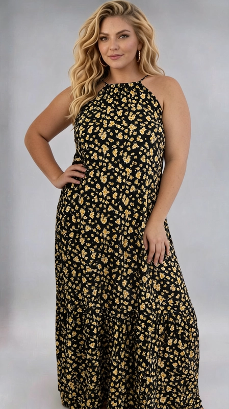 Φόρεμα μαύρο καλοκαιρινό - FRW672 | Candiashop Boutique, Ένα υπέροχο maxi φόρεμα που θα σας κάνει να ξεχωρίσετε, με εντυπωσιακό μαύρο φόντο και μικρά ανθάκια σε χρυσοκίτρινο χρώμα που απλώνονται σε όλο το ύφασμα, δημιουργώντας ένα ρομαντικό και ζωντανό αποτέλεσμα. Το φόρεμα διαθέτει halter λαιμόκοψη με λεπτές τιράντες που δένουν στον αυχένα, αναδεικνύοντας κομψά τους ώμους και τη σιλουέτα. Η γραμμή του είναι ελεύθερη και ρέουσα, με βολάν στο κάτω μέρος που προσθέτει κίνηση και θηλυκότητα, ενώ η κοπή του είναι ιδανική για plus size σώματα, προσφέροντας άνεση και στυλ ταυτόχρονα. Το ύφασμα πέφτει απαλά στο σώμα, δημιουργώντας μια αέρινη και καλοκαιρινή αίσθηση. Ιδανικό για καλοκαιρινές εξόδους, βόλτες στην παραλία, καφέ με φίλες ή ακόμα και για πιο casual εορταστικές περιστάσεις. Μπορεί να συνδυαστεί με σανδάλια ή πλατφόρμες και ένα υφαντό καλάθι τσάντα για ένα ολοκληρωμένο boho-chic look.