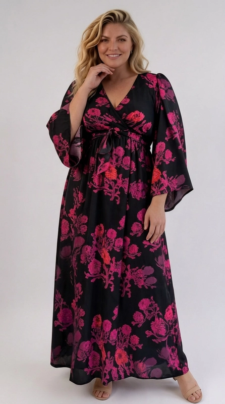 Φόρεμα μαύρο καλοκαιρινό - FRW681 | Candiashop Boutique, Ένα εντυπωσιακό maxi φόρεμα που συνδυάζει κομψότητα και θηλυκότητα σε ένα μοναδικό σχέδιο. Το βαθύ μαύρο φόντο του αναδεικνύει υπέροχα τα ζωηρά floral μοτίβα σε αποχρώσεις φούξια, ροζ-μοβ και κοραλί, δημιουργώντας ένα αποτέλεσμα που τραβά αμέσως τα βλέμματα. Η V-λαιμόκοψη και το δέσιμο στη μέση με κορδόνι ορίζουν τη σιλουέτα με χάρη, ενώ τα φαρδιά μανίκια τύπου kimono προσδίδουν ένα boho-chic ύφος που ταιριάζει απόλυτα σε plus size σώματα. Η ρέουσα γραμμή του φορέματος εξασφαλίζει άνεση και ελευθερία κινήσεων καθ' όλη τη διάρκεια της ημέρας ή της νύχτας. Ιδανικό για γάμους, βαφτίσια, εορταστικά δείπνα ή βραδινές εξόδους, μπορεί να συνδυαστεί με χρυσά ή μαύρα ψηλοτάκουνα σανδάλια και ένα μικρό clutch τσαντάκι. Ένα φόρεμα που γιορτάζει τη γυναικεία φιγούρα με στυλ και αυτοπεποίθηση.