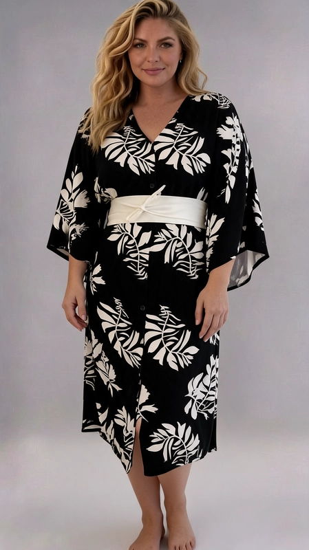 Ένα εντυπωσιακό φόρεμα plus size που συνδυάζει στυλ και άνεση με αψεγάδιαστο τρόπο. Το μαύρο φόντο του αναδεικνύει το υπέροχο μοτίβο με φύλλα σε κρεμ\u002Dεκρού απόχρωση, δημιουργώντας ένα τολμηρό και μοντέρνο αποτέλεσμα. Το φόρεμα διαθέτει γραμμή kimono με φαρδιά μανίκια τριών τετάρτων, που χαρίζουν μια αέρινη, boho αίσθηση. Το κλείσιμο με κουμπιά στο μπροστινό μέρος και η V\u002Dλαιμόκοψη προσθέτουν έναν κομψό χαρακτήρα, ενώ η κρεμ\u002Dεκρού ζώνη obi στη μέση ορίζει τη σιλουέτα και δίνει έμφαση στις καμπύλες με κολακευτικό τρόπο. Το midi μήκος του εξασφαλίζει κάλυψη και κομψότητα ταυτόχρονα. Ιδανικό για καλοκαιρινές εξόδους, βραδινές εκδηλώσεις ή ακόμα και για μια χαλαρή ημέρα στην παραλία. Μπορεί να φορεθεί με σανδάλια για casual εμφάνιση ή με πέδιλα για πιο επίσημες περιστάσεις. Ένα φόρεμα που αγκαλιάζει κάθε σώμα με χάρη και αυτοπεποίθηση.
