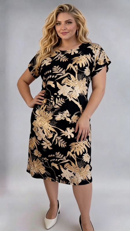 Φόρεμα μαύρο καλοκαιρινό - FRW703 | Candiashop Boutique, Ένα εντυπωσιακό φόρεμα που συνδυάζει κομψότητα και άνεση, ιδανικό για γυναίκες με καμπύλες. Το μαύρο φόντο του αναδεικνύει υπέροχα το πλούσιο floral μοτίβο σε αποχρώσεις μπεζ και χρυσοκάστανου, με μεγάλα άνθη και τροπικά φύλλα που καλύπτουν ολόκληρη την επιφάνεια του υφάσματος, δημιουργώντας ένα γοητευτικό αποτέλεσμα. Το φόρεμα διαθέτει κοντά μανίκια, στρογγυλή λαιμόκοψη και γραμμή που πέφτει κομψά στο σώμα, προσφέροντας άνετη εφαρμογή χωρίς να περιορίζει τις κινήσεις. Το μήκος του φτάνει κάτω από το γόνατο, χαρίζοντας μια εκλεπτυσμένη σιλουέτα που κολακεύει κάθε σωματότυπο. Μπορεί να φορεθεί σε καλοκαιρινές εξόδους, επαγγελματικά γεύματα ή οικογενειακές συγκεντρώσεις. Συνδυάζεται τέλεια με λευκές γόβες για ένα πολυτελές αποτέλεσμα, όπως φαίνεται και στη φωτογραφία, ή με σανδάλια για πιο casual εμφάνιση. Ένα φόρεμα που αποπνέει αυτοπεποίθηση και στυλ για κάθε γυναίκα.