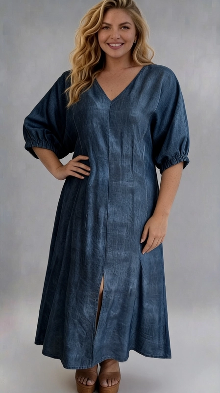 Φόρεμα μπλε καλοκαιρινό - FRW637 | Candiashop Boutique, Ένα υπέροχο φόρεμα σε βαθύ μπλε ινδικό χρώμα, που συνδυάζει άνεση και στυλ για τη σύγχρονη γυναίκα. Το maxi φόρεμα διαθέτει κομψή V-λαιμόκοψη που κολακεύει το ντεκολτέ, ενώ τα φουσκωτά μανίκια τριών τετάρτων με ελαστική λεπτομέρεια στον καρπό προσδίδουν έναν ρομαντικό, bohemian χαρακτήρα. Η γραμμή A που ακολουθεί η σιλουέτα του φορέματος εξασφαλίζει άνετη εφαρμογή, κατάλληλη για plus size σώματα, ενώ το άνοιγμα στο κάτω μέρος προσθέτει μια δόση θηλυκότητας και ελευθερία κινήσεων. Το ύφασμα με την χαρακτηριστική υφή του denim δίνει ένα casual chic αποτέλεσμα, ιδανικό για καθημερινές εξόδους, καφέ με φίλες ή βόλτες στην πόλη. Μπορεί να φορεθεί με λευκά sneakers για ένα casual look ή με σανδάλια και αξεσουάρ για μια πιο dressed-up εμφάνιση. Ένα must-have κομμάτι για κάθε γυναικεία γκαρνταρόμπα!