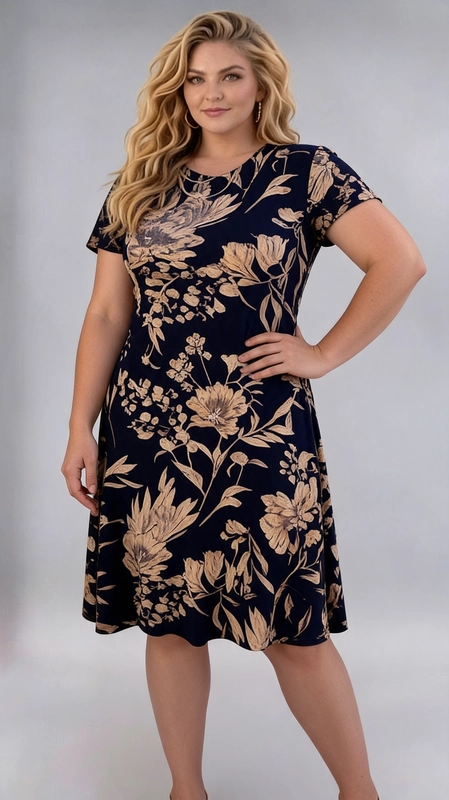 Φόρεμα μπλε καλοκαιρινό - FRW796 | Candiashop Boutique, Ένα υπέροχο φόρεμα που συνδυάζει την κομψότητα με την άνεση, ιδανικό για γυναίκες με καμπύλες. Εντυπωσιακό βοτανικό μοτίβο σε αποχρώσεις μπεζ και χρυσοκάστανου, με λουλούδια και φύλλα που δημιουργούν μια αίσθηση εκλεπτυσμένης θηλυκότητας. Το φόρεμα διαθέτει κοντά μανίκια και στρογγυλή λαιμόκοψη, ενώ η γραμμή Α που χαρακτηρίζει την κοπή του χαρίζει μια κολακευτική εφαρμογή που τονίζει τη σιλουέτα χωρίς να περιορίζει τις κινήσεις. Το μήκος του, που φτάνει κάτω από το γόνατο, το καθιστά κατάλληλο για πολλές περιστάσεις. Μπορεί να φορεθεί με πλατφόρμες ή γόβες για ένα κομψό αποτέλεσμα, ενώ συνδυάζεται άψογα με δερμάτινη τσάντα σε κονιάκ απόχρωση για ένα ολοκληρωμένο, σύγχρονο look. Ιδανικό για επαγγελματικές συναντήσεις, οικογενειακές εκδηλώσεις ή καλοκαιρινές βόλτες, αυτό το φόρεμα αποτελεί μια πολυχρηστική επιλογή που αξίζει να έχετε στη γκαρνταρόμπα σας.