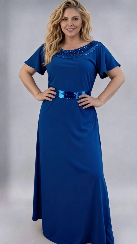 Φόρεμα μπλε ρουά καλοκαιρινό - FRW685 | Candiashop Boutique, Ένα εντυπωσιακό maxi φόρεμα σε βαθύ μπλε ρουά χρώμα που αναδεικνύει τη θηλυκή σιλουέτα με κομψό και σύγχρονο τρόπο. Το φόρεμα διαθέτει ιδιαίτερα χαρακτηριστικά που το κάνουν να ξεχωρίζει, όπως η λεπτή διακόσμηση από παγιέτες στην περιοχή του ντεκολτέ και η εντυπωσιακή ζώνη από παγιέτες στη μέση, που προσθέτουν γοητεία και λάμψη. Τα κοντά, βολάν μανίκια δίνουν μια ρομαντική και αέρινη διάσταση στο σύνολο, ενώ παράλληλα προσφέρουν άνεση και κάλυψη. Η γραμμή Α του φορέματος εξασφαλίζει άνετη εφαρμογή που κολακεύει τις plus size σιλουέτες, προσφέροντας ελευθερία κινήσεων. Το ύφασμα φαίνεται να είναι ελαφρύ και ρέον, ιδανικό για βραδινές εξόδους. Μπορεί να φορεθεί σε γάμους, βαφτίσια, εταιρικές εκδηλώσεις ή σε κάθε επίσημη περίσταση που απαιτεί κομψή εμφάνιση. Συνδυάστε το με ψηλοτάκουνα πέδιλα σε χρυσό ή ασημί απόχρωση και κλατς τσάντα για ένα ολοκληρωμένο, μαγευτικό σύνολο.