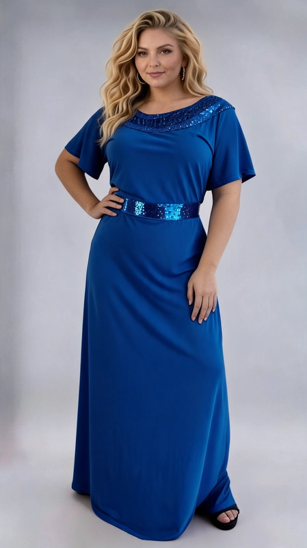Φόρεμα μπλε ρουά καλοκαιρινό - FRW685 | Candiashop Boutique, Ένα εντυπωσιακό maxi φόρεμα σε βαθύ μπλε ρουά χρώμα που αναδεικνύει τη θηλυκή σιλουέτα με κομψό και σύγχρονο τρόπο. Το φόρεμα διαθέτει ιδιαίτερα χαρακτηριστικά που το κάνουν να ξεχωρίζει, όπως η λεπτή διακόσμηση από παγιέτες στην περιοχή του ντεκολτέ και η εντυπωσιακή ζώνη από παγιέτες στη μέση, που προσθέτουν γοητεία και λάμψη. Τα κοντά, βολάν μανίκια δίνουν μια ρομαντική και αέρινη διάσταση στο σύνολο, ενώ παράλληλα προσφέρουν άνεση και κάλυψη. Η γραμμή Α του φορέματος εξασφαλίζει άνετη εφαρμογή που κολακεύει τις plus size σιλουέτες, προσφέροντας ελευθερία κινήσεων. Το ύφασμα φαίνεται να είναι ελαφρύ και ρέον, ιδανικό για βραδινές εξόδους. Μπορεί να φορεθεί σε γάμους, βαφτίσια, εταιρικές εκδηλώσεις ή σε κάθε επίσημη περίσταση που απαιτεί κομψή εμφάνιση. Συνδυάστε το με ψηλοτάκουνα πέδιλα σε χρυσό ή ασημί απόχρωση και κλατς τσάντα για ένα ολοκληρωμένο, μαγευτικό σύνολο.