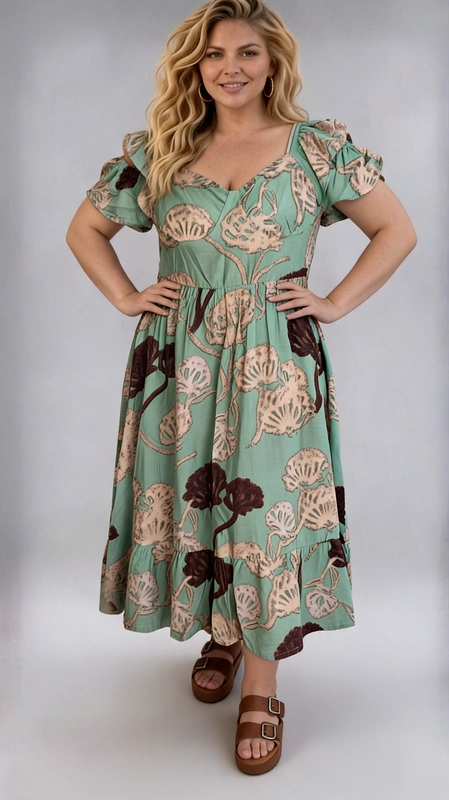 Φόρεμα πράσινο καλοκαιρινό - FRW797 | Candiashop Boutique, Ένα υπέροχο πράσινο καλοκαιρινό φόρεμα, διακοσμημένο με ένα εντυπωσιακό μοτίβο σε αποχρώσεις μπεζ και βαθύ μπορντό. Το σχέδιο με τα μεγάλα floral στοιχεία προσδίδει έναν ρομαντικό και boho χαρακτήρα, ιδανικό για γυναίκες που αγαπούν τη μοναδική αισθητική. Το φόρεμα διαθέτει γλυκό ντεκολτέ σε σχήμα καρδιάς και βολάν μανίκια που πέφτουν χαριτωμένα στους ώμους, δημιουργώντας μια θηλυκή και κομψή σιλουέτα. Η συγκέντρωση στη μέση τονίζει τις καμπύλες, ενώ η φαρδιά ροή της φούστας με το τελείωμα σε βολάν εξασφαλίζει άνεση και ελευθερία κινήσεων. Ιδανικό για plus size γυναίκες που επιθυμούν στυλ και άνεση ταυτόχρονα. Μπορεί να φορεθεί σε καλοκαιρινές εκδρομές, brunch με φίλες, γάμους σε εξωτερικούς χώρους ή βόλτες στην παραλία. Συνδυάστε το με καφέ δερμάτινα σανδάλια, όπως στη φωτογραφία, για ένα ολοκληρωμένο και αέρινο καλοκαιρινό look.