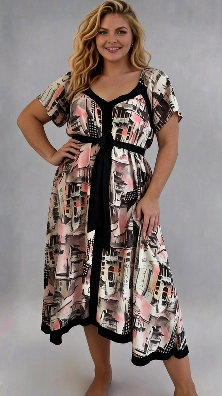 Ένα εντυπωσιακό φόρεμα plus size που συνδυάζει στυλ και άνεση με έναν μοναδικό τρόπο. Το κύριο ύφασμα διαθέτει ένα καλλιτεχνικό μοτίβο με απεικονίσεις αρχιτεκτονικών τοπίων σε αποχρώσεις εκρού, σομόν, καφέ και ανθρακί, δημιουργώντας μια αίσθηση urban chic. Οι μαύρες λεπτομέρειες στο ντεκολτέ σε σχήμα V, στη μέση και στο τελείωμα του φορέματος προσδίδουν κομψή αντίθεση και οριοθετούν τη σιλουέτα με γοητευτικό τρόπο. Η κοντή μανσέτα και η φαρδιά γραμμή της φούστας εξασφαλίζουν άνεση καθ\u0027 όλη τη διάρκεια της ημέρας, ενώ η ζώνη στη μέση τονίζει το σχήμα του σώματος κολακευτικά. Το μήκος midi το καθιστά ιδανικό για διάφορες περιστάσεις, από μια καλοκαιρινή βόλτα έως έναν επαγγελματικό χώρο ή μια ανεπίσημη εξόδο. Μπορεί να συνδυαστεί με σανδάλια ή γόβες για ένα ολοκληρωμένο look που αναδεικνύει τη θηλυκότητα και την αυτοπεποίθηση κάθε γυναίκας.