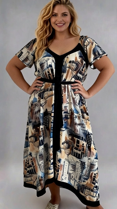 Ένα εντυπωσιακό φόρεμα plus size που συνδυάζει στυλ και άνεση με έναν μοναδικό τρόπο. Το φόρεμα διαθέτει ένα καλλιτεχνικό αφηρημένο μοτίβο σε αποχρώσεις μπεζ, μπλε, καφέ και μαύρου και δίνει μια ιδιαίτερη, bohemian αίσθηση. Οι μαύρες λεπτομέρειες στη V\u002Dλαιμόκοψη, στη μέση και στο τελείωμα του φορέματος δημιουργούν μια κομψή αντίθεση που αναδεικνύει τη σιλουέτα. Τα φαρδιά μανίκια τύπου flutter προσφέρουν ελευθερία κινήσεων, ενώ η εφαρμογή empire στη μέση κολακεύει κάθε σώμα. Η ασύμμετρη γραμμή στο τελείωμα προσθέτει μια δυναμική, μοντέρνα πινελιά. Κατάλληλο για καλοκαιρινές εξόδους, γεύματα σε εστιατόρια ή περιπάτους στην πόλη. Μπορεί να συνδυαστεί με σανδάλια ή εσπαντρίγιες για ένα χαλαρό, καλοκαιρινό look, ή με χαμηλές γόβες για μια πιο επίσημη εμφάνιση. Ιδανική επιλογή για γυναίκες που αγαπούν τη μόδα χωρίς συμβιβασμούς.